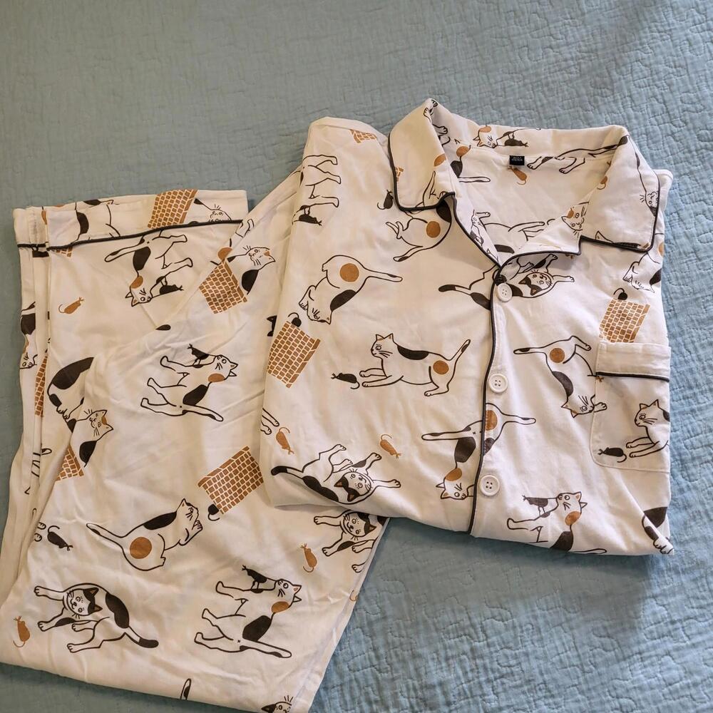 Cat & mouse printed  Large 2 piece pajamas like new pre-owned condition adorable